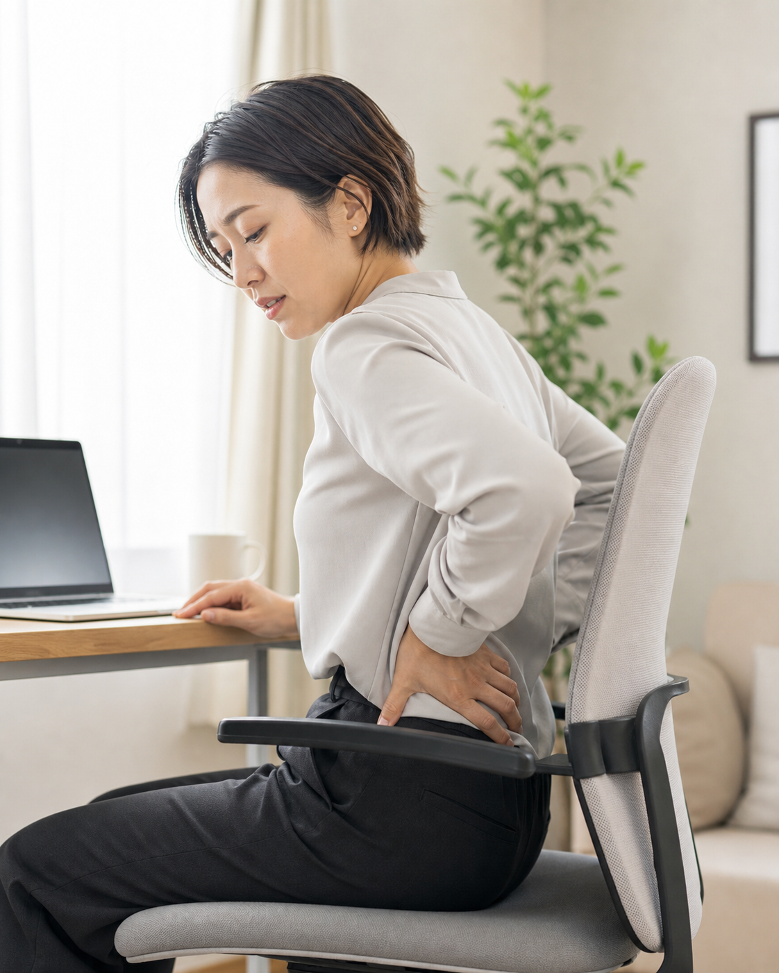 長時間のデスクワークで腰のつらさを感じる様子