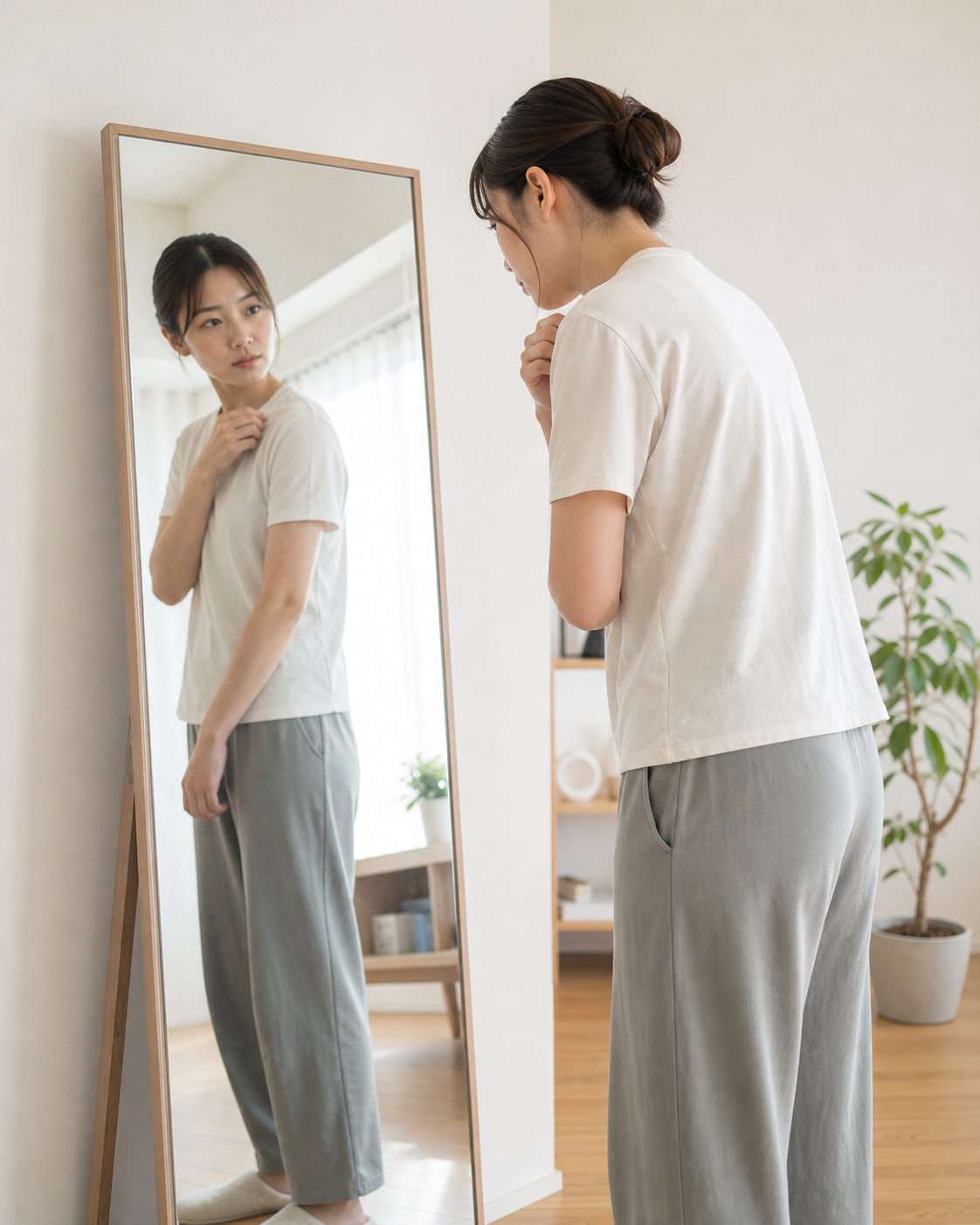 鏡で猫背や巻き肩を確認する様子