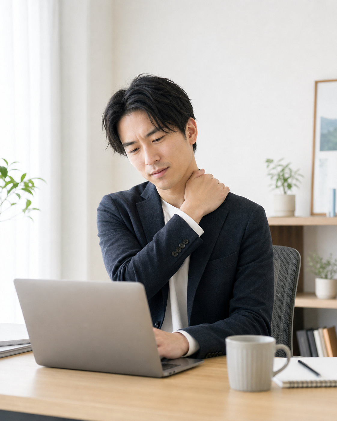 デスクワーク中に肩や首の重さを感じる様子